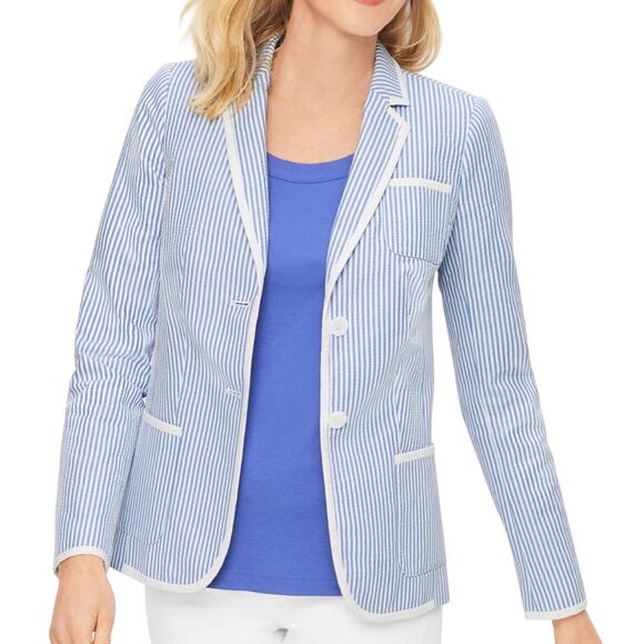 Talbots Size 14 Classic Summer Seersucker Blazer Jacket Lined Cotton Washable - Picture 1 of 13